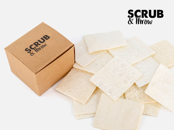 Box of 'Scrub & Throw' with multiple scrubs on a white background
