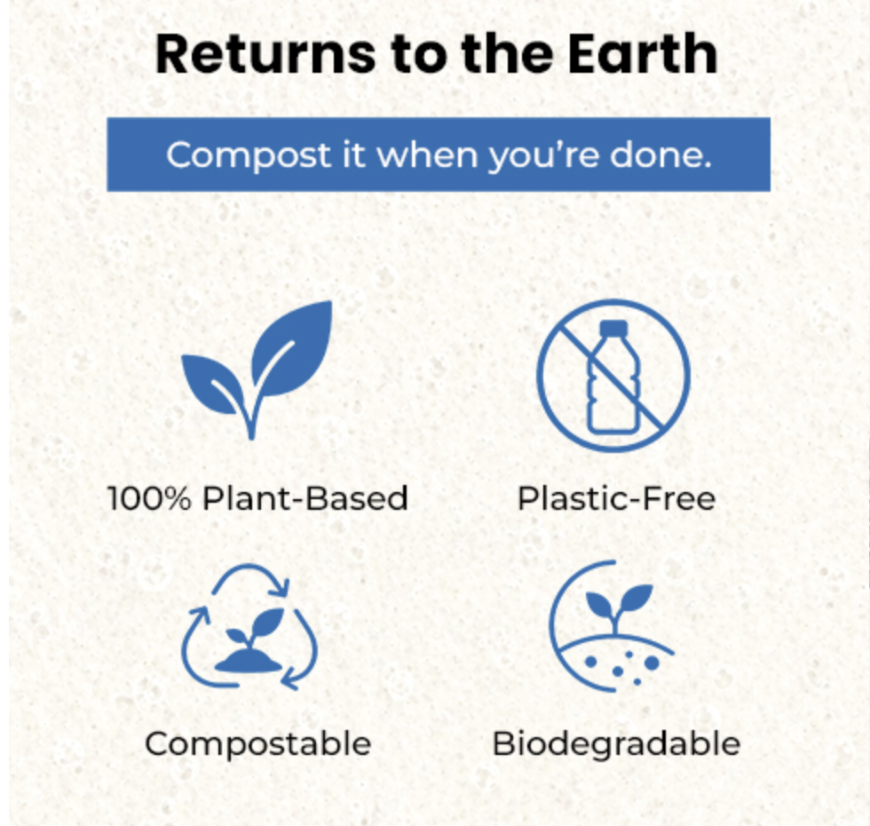 Product attributes: 100% plant-based, plastic-free, compostable and biodegradable loofah sponges